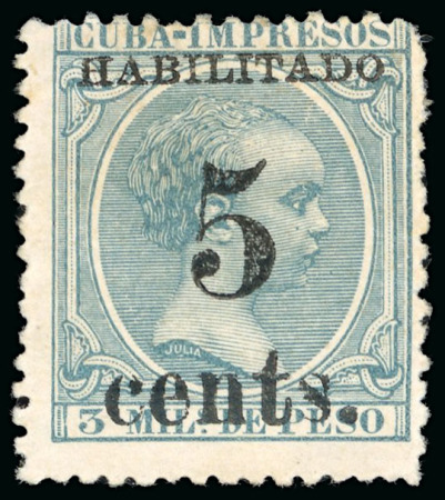 Stamp of United States » U.S. Possessions » Puerto Príncipe 1898 5c on 3m blue-green, fifth printing, position 2, mint, intensely rich deep colour, pristine freshness, 