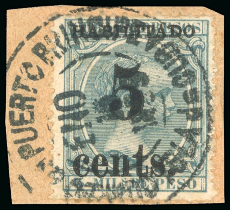 Stamp of United States » U.S. Possessions » Puerto Príncipe 1898 5c on 3m blue-green, fifth printing, position 5, used, tied to piece by a blue Puerto Principe cds