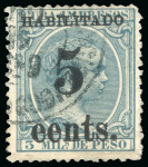 Stamp of United States » U.S. Possessions » Puerto Príncipe 1898 5c on 3m blue-green, fifth printing, position 3, used, variety of overprint "eets" instead of "cents"