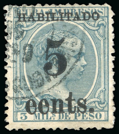 Stamp of United States » U.S. Possessions » Puerto Príncipe 1898 5c on 3m blue-green, fifth printing, position 3, used, variety of overprint "eets" instead of "cents"