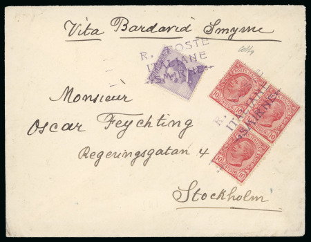 Stamp of Italy » Missions, Post Offices and Postal History Abroad » Smyrna 1922 Cover from Smyrna with provisional "R. Poste/Italiane/Smirne" three-line postmark