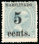 Stamp of United States » U.S. Possessions » Puerto Príncipe 1898 5c on 4m blue-green, fifth printing, position 3, mint, error of overprint "eets" instead of "cents", 