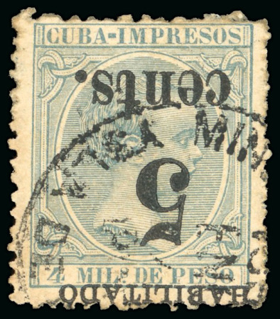 Stamp of United States » U.S. Possessions » Puerto Príncipe 1898 5c on 4m blue-green, fifth printing, position 1, inverted surcharge, used with cd
