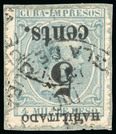 Stamp of United States » U.S. Possessions » Puerto Príncipe 1898 5c on 4m blue-green, fifth printing, position 2, inverted overprint, used, tied to a small piece