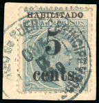 Stamp of United States » U.S. Possessions » Puerto Príncipe 1898 5c on 8m blue-green, fifth printing, position 2, used, tied to small piece by a blue Puerto Principe cds