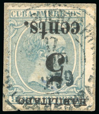 Stamp of United States » U.S. Possessions » Puerto Príncipe 1898 5c on 8m blue-green, fifth printing, position 1, inverted overprint error, used, tied to small piece