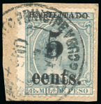 Stamp of United States » U.S. Possessions » Puerto Príncipe 1898 5c on 8m blue-green, fifth printing, position 3, error surcharge "eents" instead of "cents",