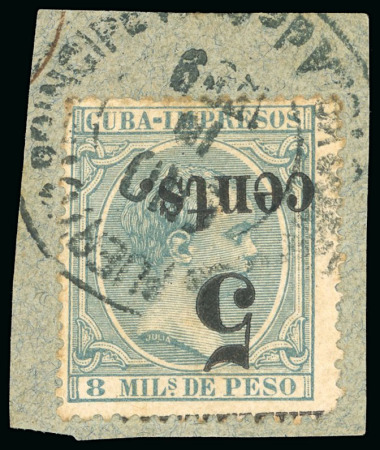 Stamp of United States » U.S. Possessions » Puerto Príncipe 1898 5c on 8m blue-green, fifth printing, position 5, surcharge inverted variety, tied to a small piece