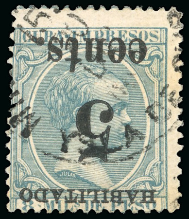 Stamp of United States » U.S. Possessions » Puerto Príncipe 1898 5c on 8m blue-green, fifth printing, position 3, inverted surcharge and "eents" instead of "cents"