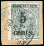Stamp of United States » U.S. Possessions » Puerto Príncipe 1898 5c on 8m blue-green, fifth printing, position 4, used, and tied to a piece by a Puerto Principe cds
