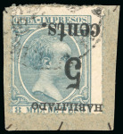 Stamp of United States » U.S. Possessions » Puerto Príncipe 1898 5c on 8m blue-green, fifth printing, position 4, used, inverted surcharge variety, tied to a piece 