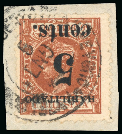 Stamp of United States » U.S. Possessions » Puerto Príncipe 1898 5c on 1m orange-brown, second printing, position 5, surcharge inverted error, tied to piece