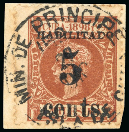 Stamp of United States » U.S. Possessions » Puerto Príncipe 1898 5c on 1m orange-brown, second printing, position 5, attractively tied to piece by crisp Puerto Principe