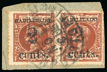 Stamp of United States » U.S. Possessions » Puerto Príncipe 1898 2c on 2m orange-brown, first printing, pair, tied to a piece scarce military station Puerto Principe postmark