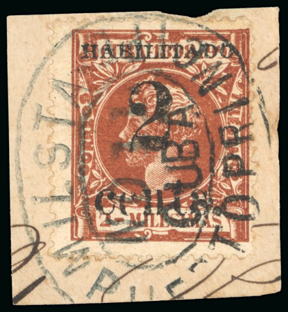Stamp of United States » U.S. Possessions » Puerto Príncipe 1898 2c on 2m orange-brown, first printing, position 4, used, tied to a piece by a scarce and crisp military station