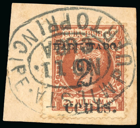 Stamp of United States » U.S. Possessions » Puerto Príncipe 1898 2c on 2m orange-brown, first printing, position 2, used, piece by a superb military station Puerto Principe 