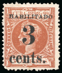 Stamp of United States » U.S. Possessions » Puerto Príncipe 1898 3c on 3m orange-brown, first printing, positions 1-3-4-5, four mint singles, only 600 printed 