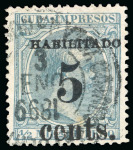 Stamp of United States » U.S. Possessions » Puerto Príncipe 1898 5c on 1/2m blue-green, third printing, positions 1 and 3, two used singles, cancelled by black cds, 
