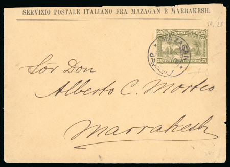 Stamp of Italy » Missions, Post Offices and Postal History Abroad » Morocco 1898 (Jan 17) Italian postal service envelope franked with a 10c on 25c olive to Marakesh, rare on cover