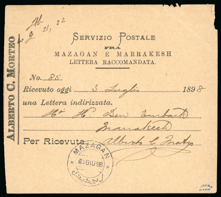 Stamp of Italy » Missions, Post Offices and Postal History Abroad » Morocco 1898 (June 3) Printed stationery receipt for registered letter services between Mazagan and Marakech, first type