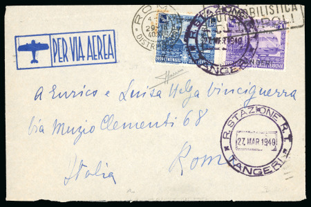 Stamp of Italy » Missions, Post Offices and Postal History Abroad » Morocco 1940 (March 27) Airmail cover franked with 50 cents violet and 1.25 lire blue, locally overprinted by hand 