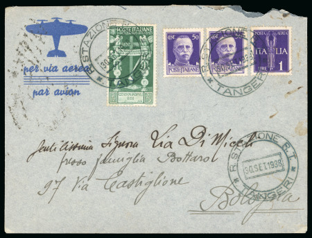 Stamp of Italy » Missions, Post Offices and Postal History Abroad » Morocco 1938 (Sept 30) Airmail cover to Bologna, franked with 25 cents green, two single 50 cents violet and 1lire violet