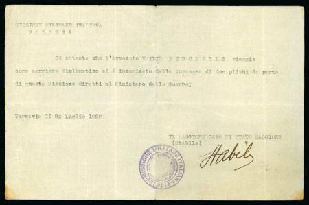 Stamp of Italy » Missions, Post Offices and Postal History Abroad » Poland 1920 Laissez-passer of the italian Mission in Poland declaring carriage of diplomatic courier