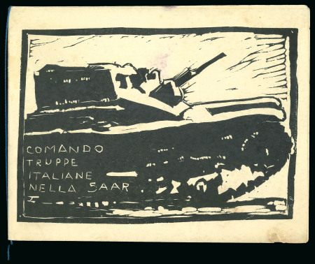 Stamp of Italy » Missions, Post Offices and Postal History Abroad » Plebiscite of Saarland 1935 Four items including one menu with illustrated tank, photo with Mussolini, etc