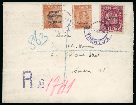 Stamp of Italy » Italian Occupations WWI » Venezia Tridentina 1918, raccomandata del 30.12 da Trento per Londra e due fascette epr giornali di Merano