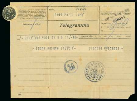 Stamp of Italy » Italian Occupations WWI » Dalmazia 1919, telegramma con censura di Zara e ricevuta di telegramma