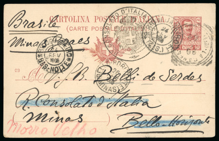 Stamp of Italy » Missions, Post Offices and Postal History Abroad » Crete 1905 (Jan 29) Italy 10c stationery postcard to Brazil