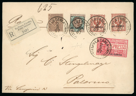 Stamp of Italy » Missions, Post Offices and Postal History Abroad » Crete 1907 (March 2) Registered cover to Palermo including the 1905 1 lira