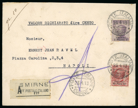 Stamp of Italy » Missions, Post Offices and Postal History Abroad » Smyrna 1913 (April 23) Pre-printed envelope sent insured to Naples with 20pa on 10c and 2pi on 50c