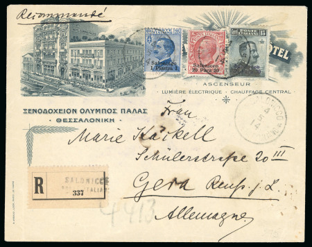 Stamp of Italy » Missions, Post Offices and Postal History Abroad » Salonicco P.O. (Thessaloniki) 1914 (April-May) Two hotel illustrated envelopes from Salonicco to London with three-colour frankings
