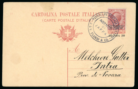 Stamp of Italy » Missions, Post Offices and Postal History Abroad » Jerusalem P.O. 1910 Postcard with Gerusalemme 20pa on 10c, "Piroscafi Postali Italiani/Agenzia di Jaffa/J. & V. Florio & Co."