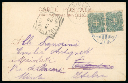Stamp of Italy » Missions, Post Offices and Postal History Abroad » China » The Boxer War » Italian Naval Mail 1900 (Oct 1st) Postcard to Italy franked by 5c pair tied by blue "Ra Nave Vettor Pisani" 