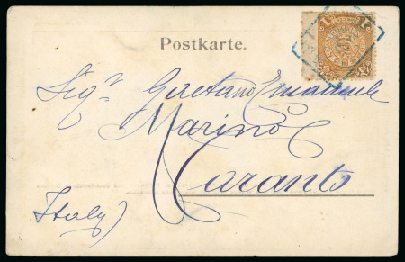 Stamp of Italy » Missions, Post Offices and Postal History Abroad » China » The Boxer War » Via Chinese Mail 1902 Postcard with 1c tied by rare tombstone cancel of Shan-Hai-Kuan in bue