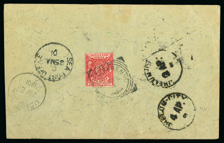 Stamp of Kenya, Uganda and Tanganyika » British East Africa Escarpment: 1901 (Feb 25) Envelope to Jhelum franked on reverse with 1896-1901 1a tied by ESCARPMENT squared circle ds