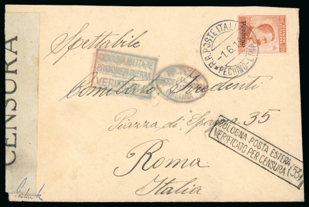 Stamp of Italy » Missions, Post Offices and Postal History Abroad » China » 1917-22 Italian Post Office in China 1918 Cover from Peking to the "Irredentisti" Committee in Rome, "Pechino" 20c