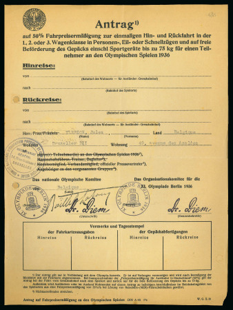 Stamp of Olympics » 1936 Berlin » Documents, Programmes, Tickets, etc. Application for a 50% reduction on travel costs and free transport of luggage for a Belgian official press agent at the Berlin Games