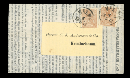 Stamp of Sweden 1862-66 3ö Brown, two singles, tied by MALMO 4.5.1872 cds to folded printed entire