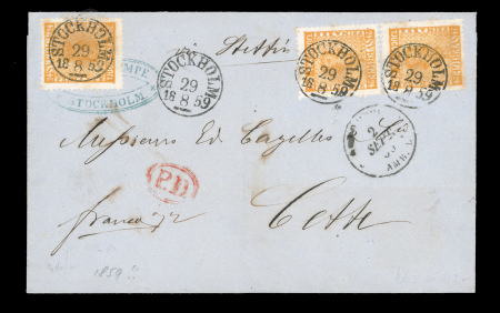 Stamp of Sweden 1858 24 öre Dark orange, pair and single neatly tied by clear STOCKHOLM / 29.8.1859 cds on folded cover