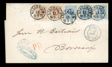 Stamp of Sweden 1872-76 3 öre Orange-brown pair plus 12 öre strip three on cover