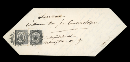 Stamp of Sweden 1856-58 (3 öre) Black, two singles neatly tied by "star" cancels on local cover