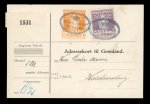 Stamp of Greenland 1930 Thiele Printing: 70 öre violet & 1kr yellow, neatly tied on parcel card