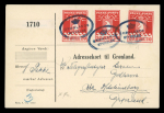 Stamp of Greenland 1930 Thiele Printing: 20 öre red, three singles, all neatly tied on parcel card