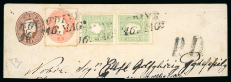 Stamp of Italian States » Lombardy Venetia 1861, 10 s. piccolo formato, frammento di intero postale spedito da udine il 16 maggio 1863, con affrancatura complementare di 11 soldi 