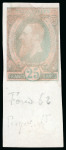 Stamp of Belgium » Télégraphes 1889 Léopold II, 25F épreuve du coin en noir du type non-adopté, 25F noir en épreuve du coin sur papier blanc glacé et 25F réséda foncé, épreuve de mise de train de la planche