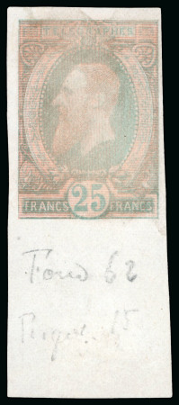 Stamp of Belgium » Télégraphes 1889 Léopold II, 25F épreuve du coin en noir du type non-adopté, 25F noir en épreuve du coin sur papier blanc glacé et 25F réséda foncé, épreuve de mise de train de la planche