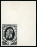 Stamp of Belgium » Télégraphes 1889 Léopold II, 25F épreuve du coin en noir du type non-adopté, 25F noir en épreuve du coin sur papier blanc glacé et 25F réséda foncé, épreuve de mise de train de la planche